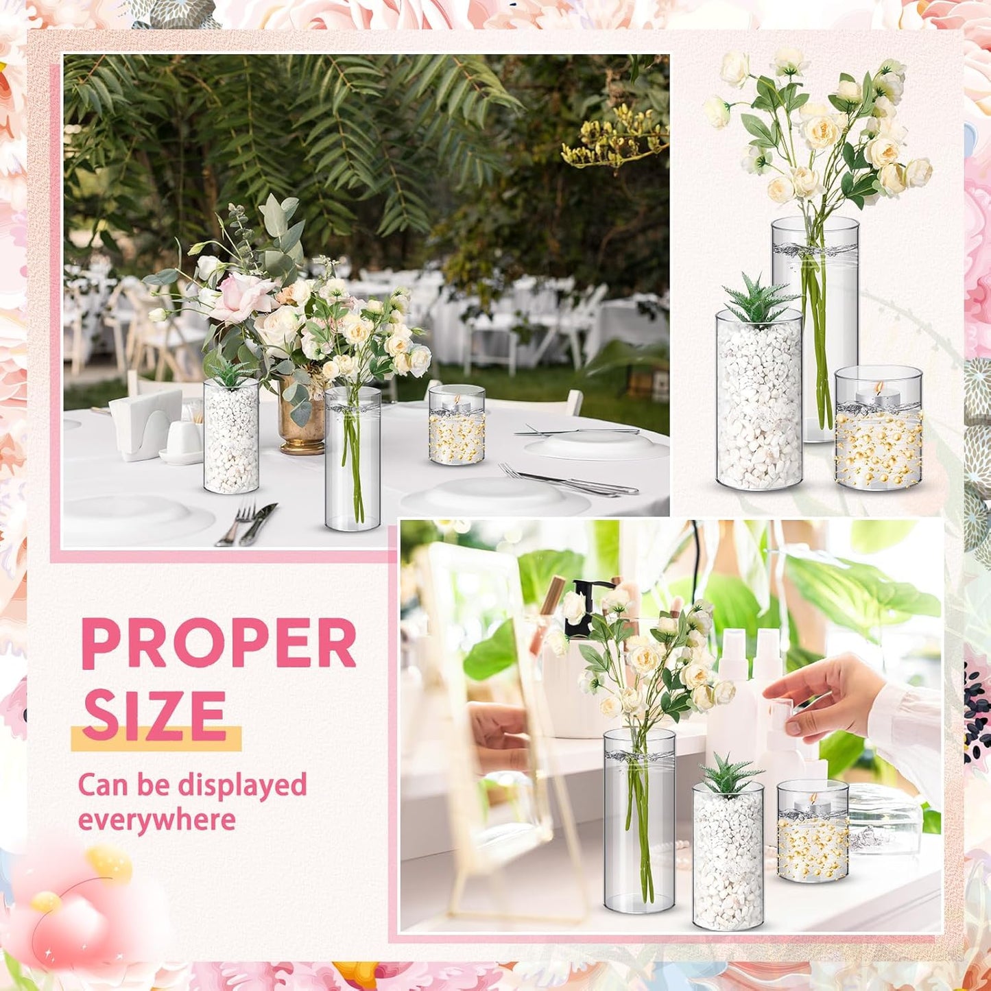 Nuogo 48 Pcs Plastic Cylinder Vases Tall Clear Flower Vases for Centerpieces Hurricane Candle Holder for Home Wedding Office Party Formal Dinners Decorations (4''/6''/8'')