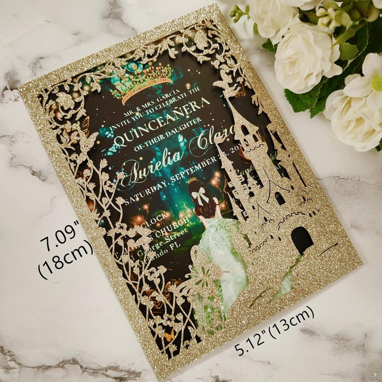 20PCS Castle Pocket Invitations, Quinceanera Invitations with Envelopes, Princess Invitation, Laser Cut quince invites (glitter light gold)