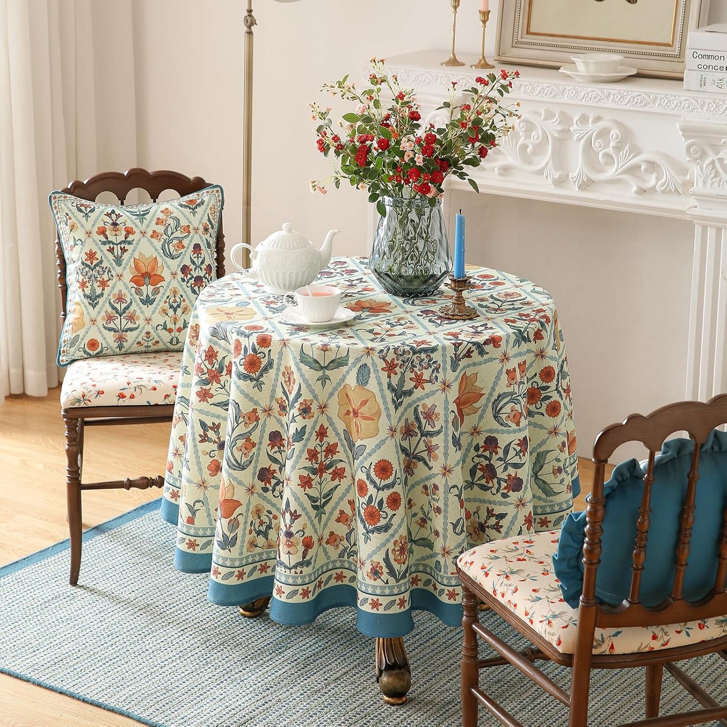 ISAENNE Designer Linen Elegant Round Tablecloth,Colorful Floral Bohemian Table Cloth,Wrinkle Resistant Decor Tablecloths for Dining Thanksgiving Kitchen Christmas,Diameter 67"-Floralsea A