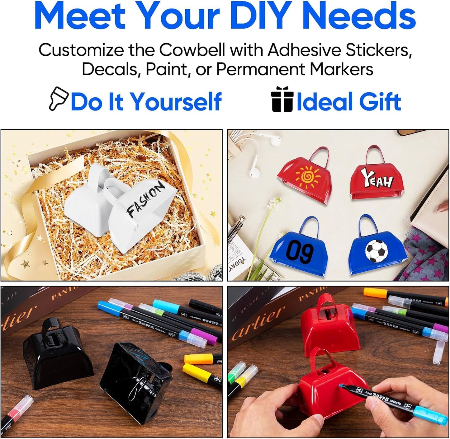 Cow Bells Noise Makers Blue Cheering Bell for Sporting Events: 12 Pcs Metal Cowbells with Handle - Small Loud Bell Bulk Hand Percussion for Football Games Graduation Weddings-Blue