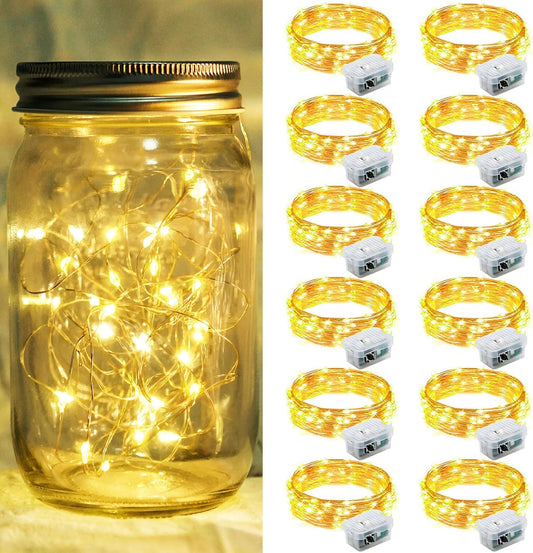 12 Pack Fairy Lights 7Ft 20 LED Twinkle String Lights 3 Modes Battery Operated Waterproof Firefly Starry for Mason Jar Party Wedding Christmas Valentines Day Table Centerpieces,Warm White