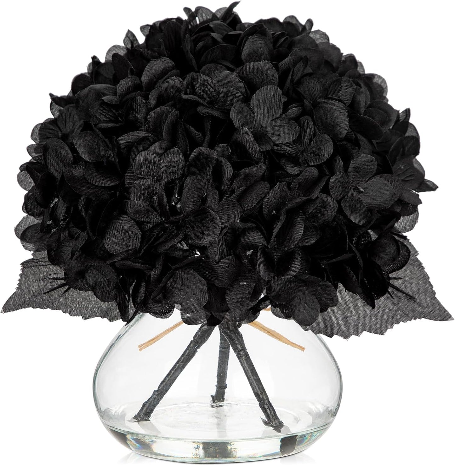Hollyone Hydrangea Fall Flowers Artificial for Decoration with Glass Vase Black Silk Faux Flowers Arrangements in Vase with Faux Water Fake Floral Bouquet Table Centerpiece Halloween Home Decor