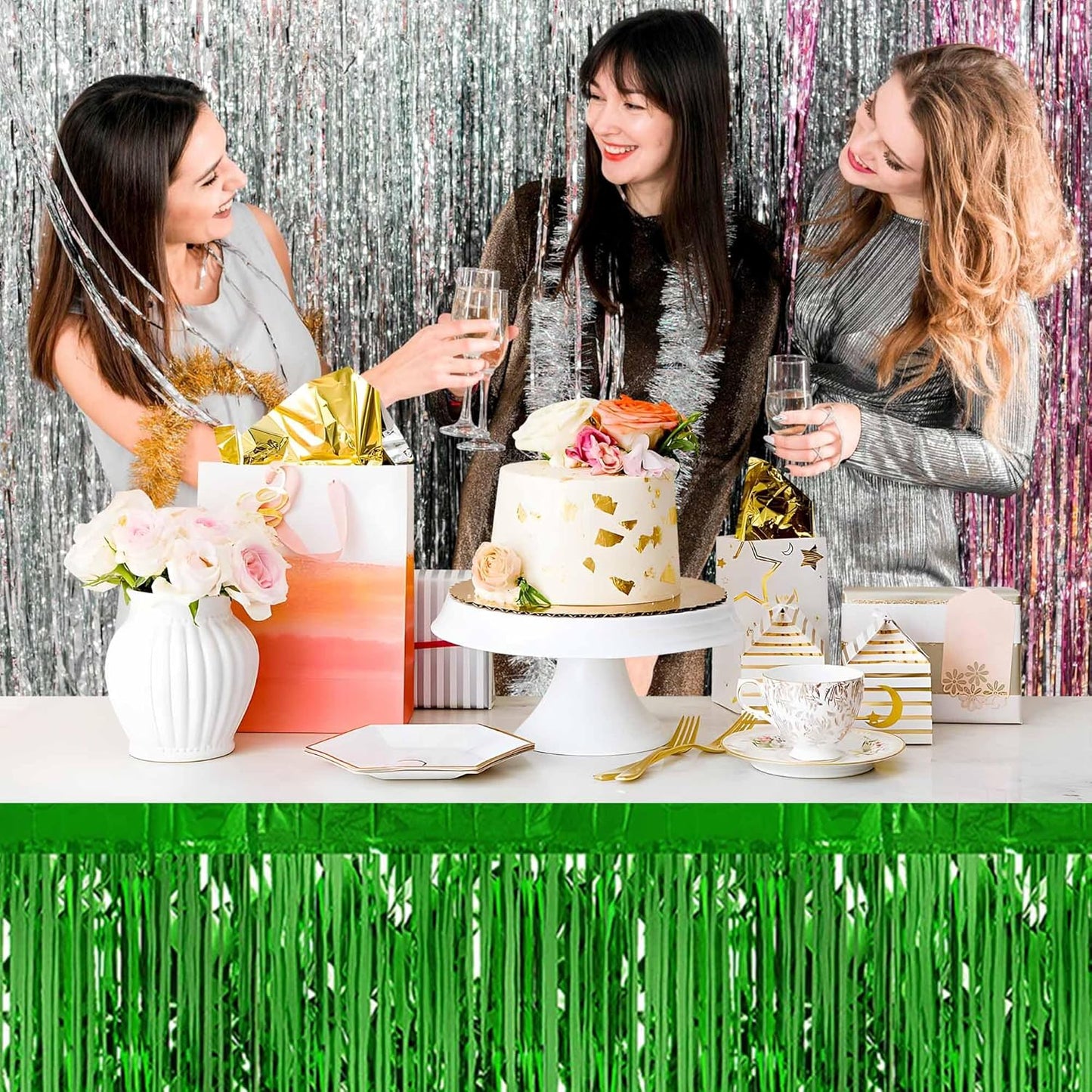 3 Pack 29 x108 Inch Green Foil Fringe Table Skirts Metallic Banner for Tinsel Streamer Garland Backdrop for Parade Floats Mother's Day, Graduate, Birthday, Wedding Party Decoration
