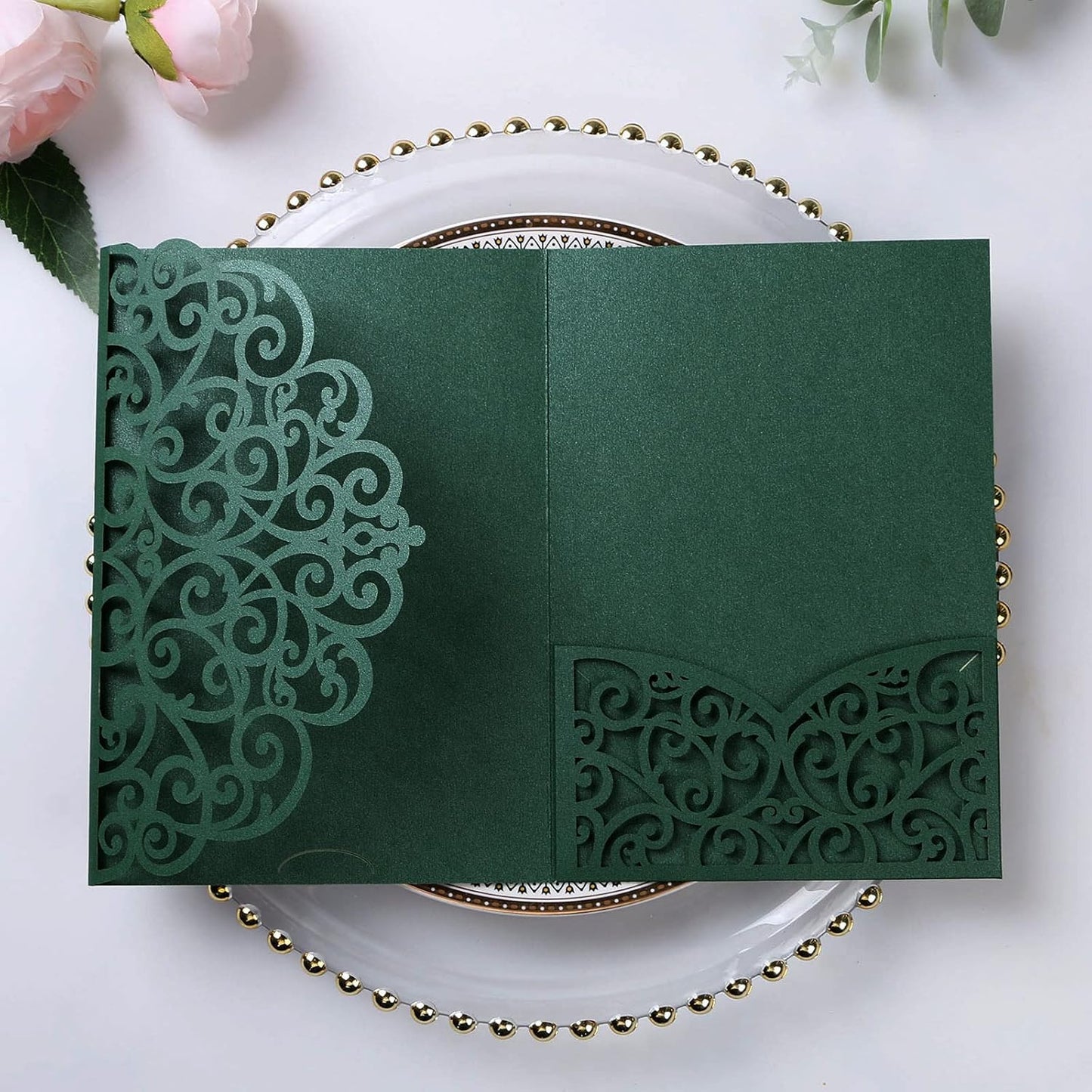 PONATIA 5.12 x 7.2 Emerald Green Laser Cut Invitation Cards, 20PCS Tri-Fold 5 x 7 Trifold Wedding Invitation Cards Pockets with Envelopes for Wedding Bridal Shower Engagement Birthday Quinceanera