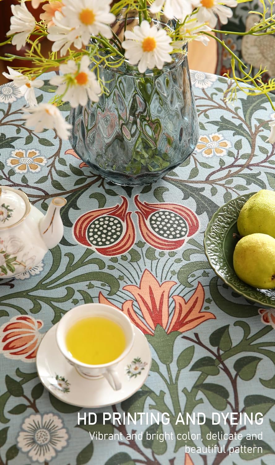 ISAENNE Designer Bohemian Linen Green Small Round Tablecloth,Floral Indoor Table Cloth,Stain Resistant Decor Tablecloths for Dining Thanksgiving Kitchen Party Christmas,Diameter 55"-Naples