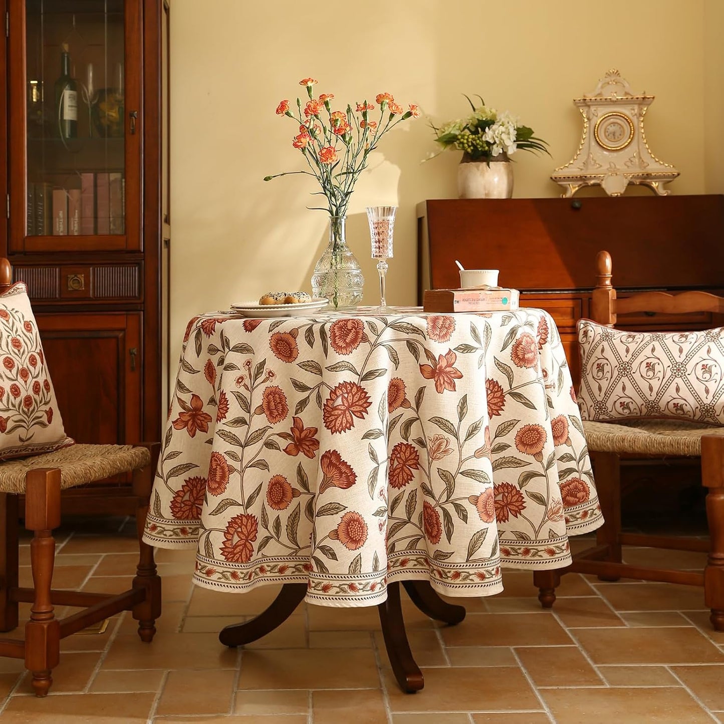 ISAENNE Designer French Small Round Tablecloth,Linen Orange Floral Pattern Indoor Table Cloth,Wrinkle Resistant Decor Table Cloth for Dining Thanksgiving Kitchen Party,Diameter 55"-Alvarado D