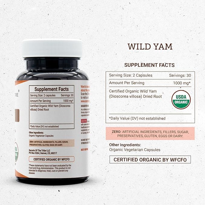 Secrets of the Tribe Wild Yam USDA Organic Capsules 1000 mg Responsibly farmed Wild Yam (Dioscorea Villosa) Dried Root, Hormone Support Supplement (60 Capsules)