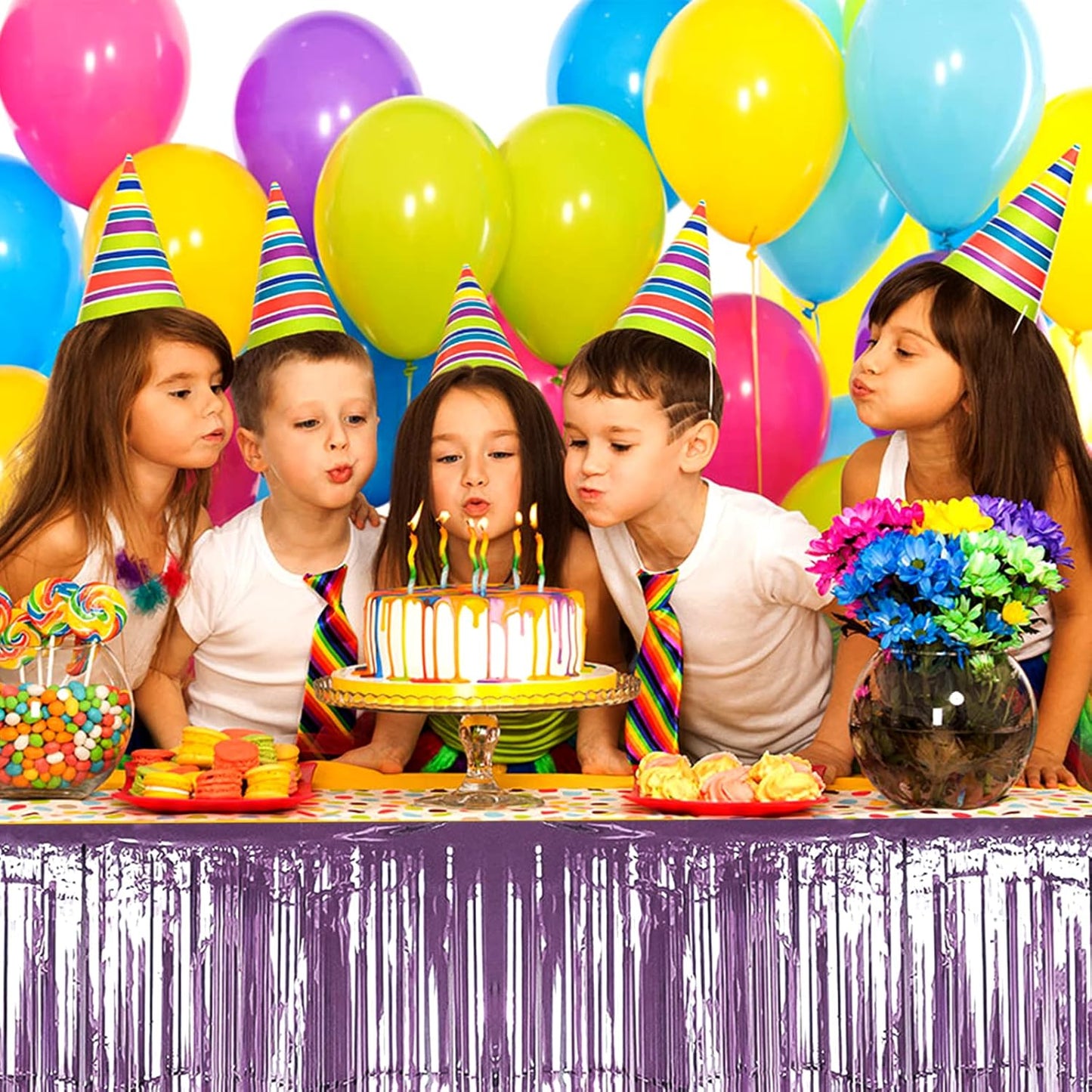 4 Pack 29x108 Inch Metallic Foil Fringe Tinsel Table Skirts for Rectangle Tables Streamer Backdrop for Wedding, Birthday, Parade Floats, Christmas, Halloween Party Decoration(New Light Purple)