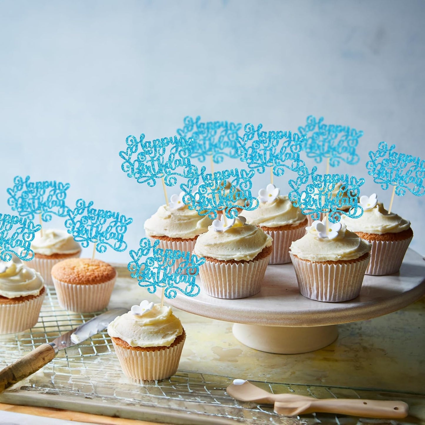 Gyufise 24Pcs Happy Birthday Cupcake Toppers Glitter Happy Birthday Cupcake Picks for Celebrating Happy Birthday Anniversary Theme Party Cake Decorations Supplies Blue