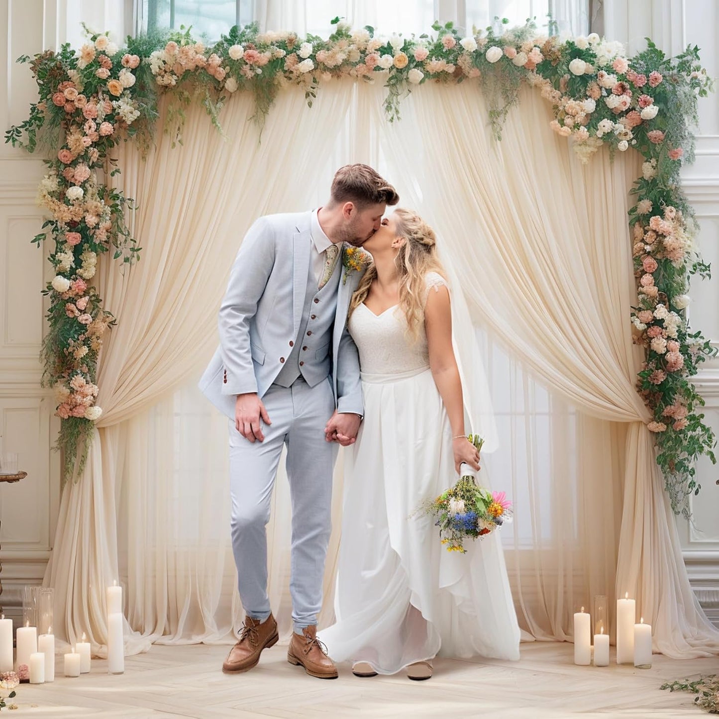 20ft X 10ft Champagne Tulle Backdrop Curtain for Parites, Sheer Backdrop Curtains Fabric Drapes for Wedding Ceremony Arch Party Stage Decorations