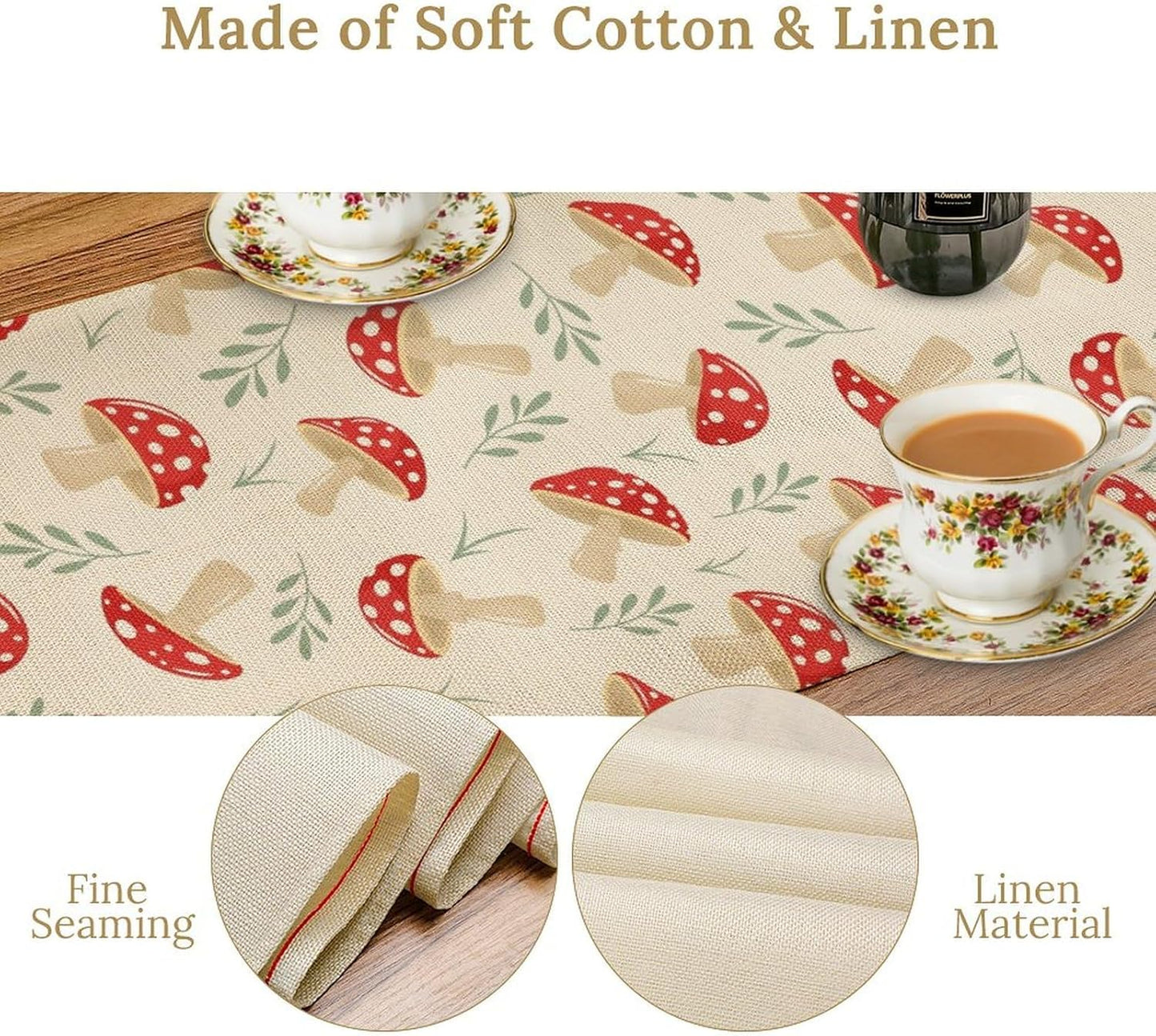 Mushroom Table Runner,Vintage Plant Print Table Runner for Kitchen Dining Table Home Party Decoration 13x120 Inch