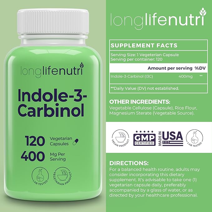 Indole-3-Carbinol 400mg - 120 Vegeterian Capsules, 4-Month Supply, Organic Supplement for Hormone Balance & Cellular Health, Lab Tested, Made in USA