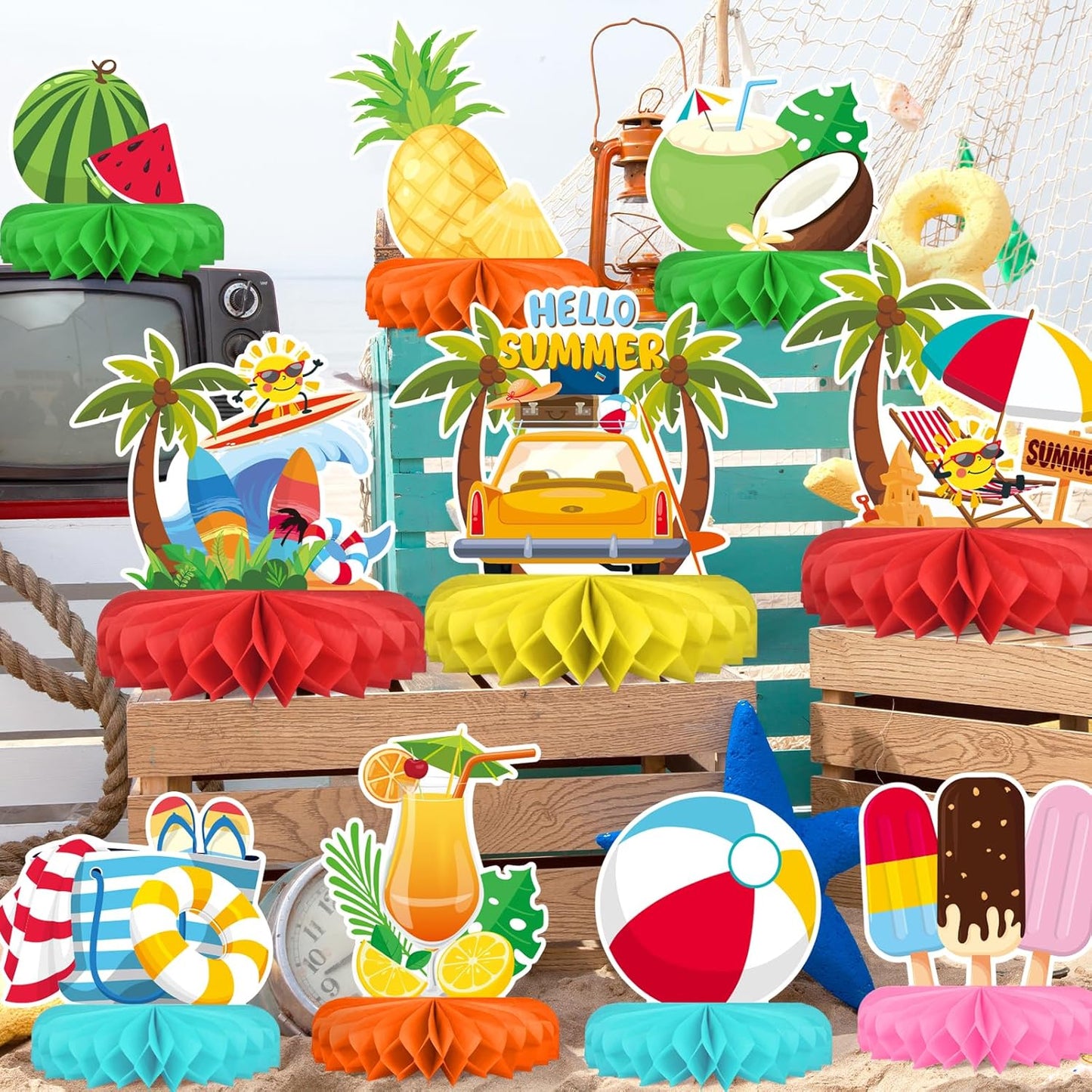 Beach Party Decorations Kit - Beach Themed Honeycomb Centerpieces and Table Decor for Summer & Pool Party Decorations