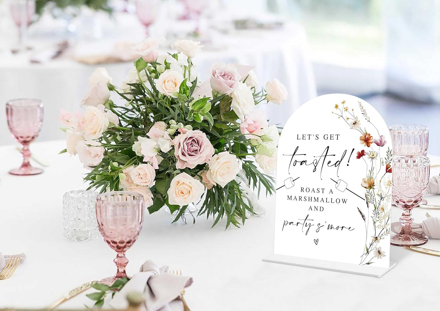 Boho Floral S'mores Bar Sign, 6 x 8 Inch White Arch Acrylic Wedding Sign with Holder, Wedding Sign for Ceremony and Reception, Wedding Decoration, Wedding Supplies - BX20