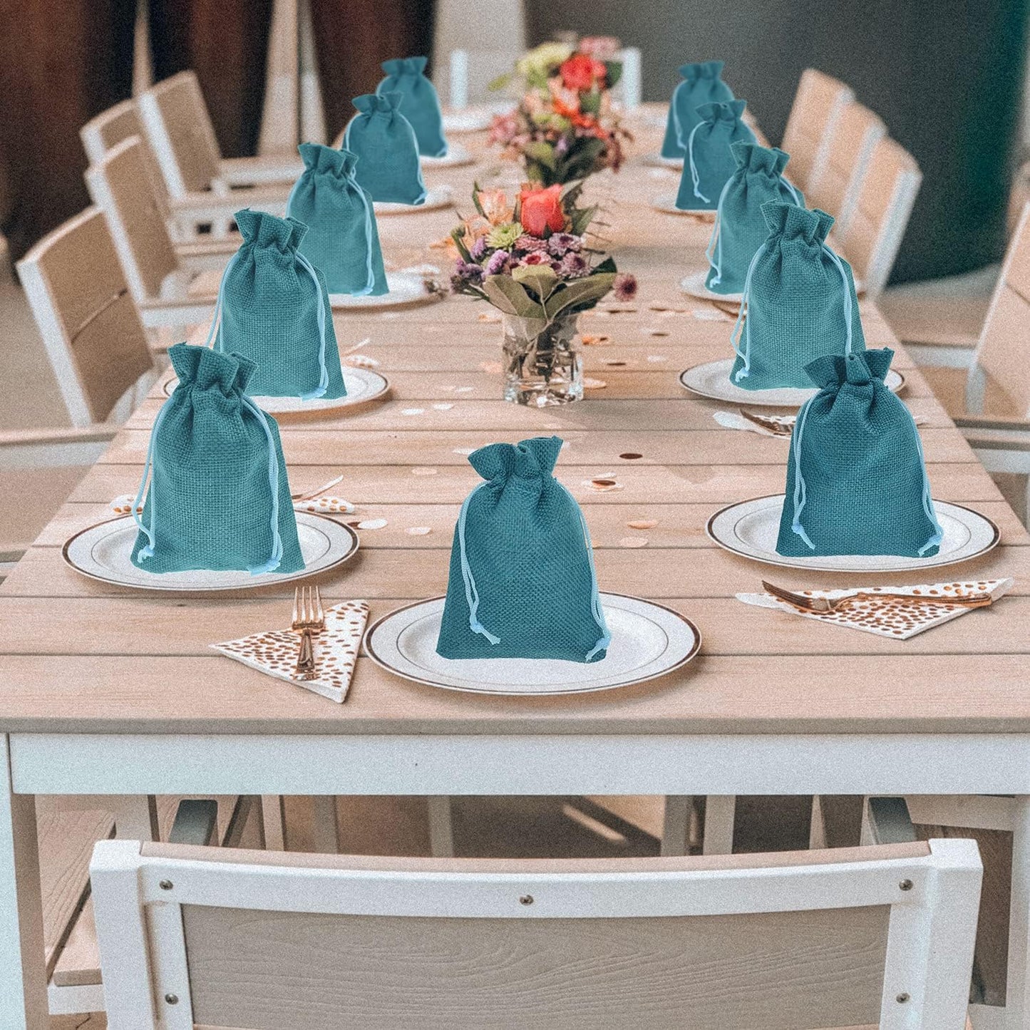 20Pcs Burlap Bags with Drawstring, 3.9 x 5.5 Inch Burlap Wedding Party Favor Bags Jute Jewelry Sacks Christmas Candy Gift Pouches (Peacock Blue)