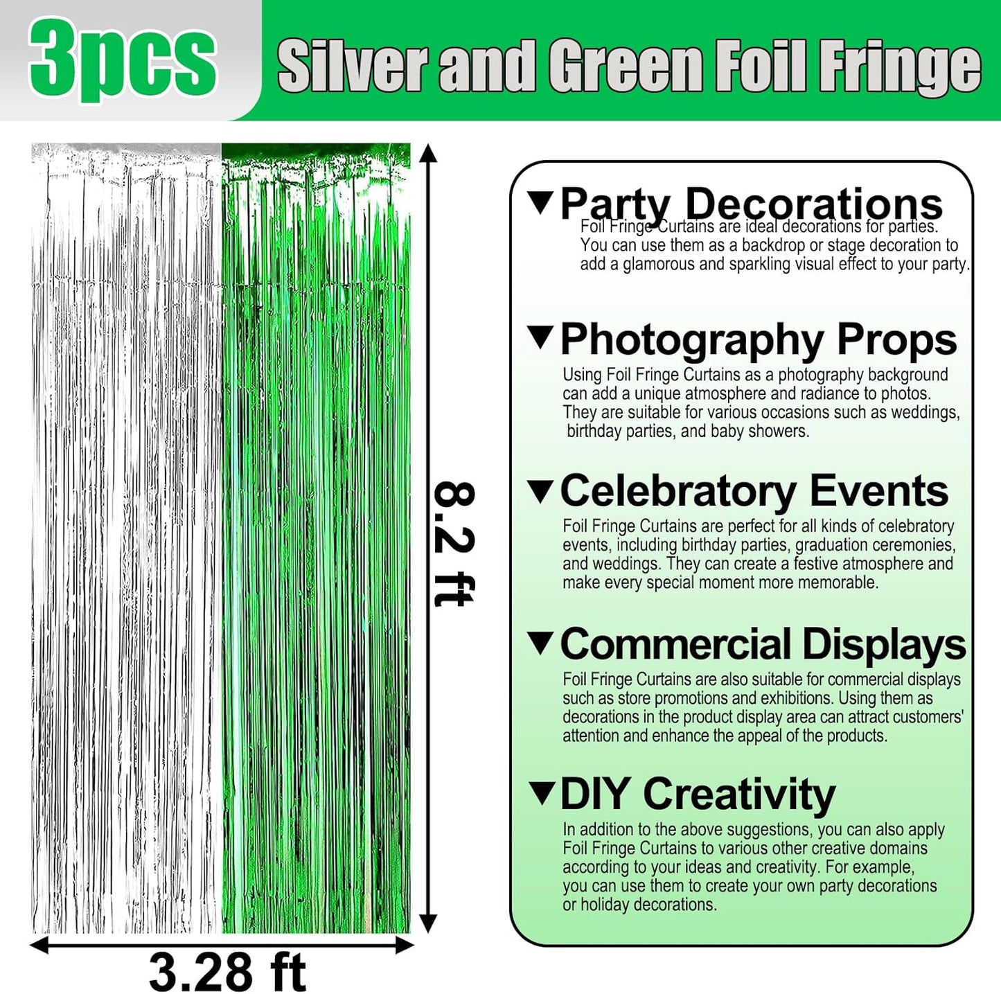 3 Pack Silver Green Foil Fringe Curtain Backdrop, 3.28Ft x 8.2Ft Metallic Tinsel Foil Fringe Streamer Curtains for Photo Booth, Mother's Day, Easter, Birthday, Wedding Party Decorations