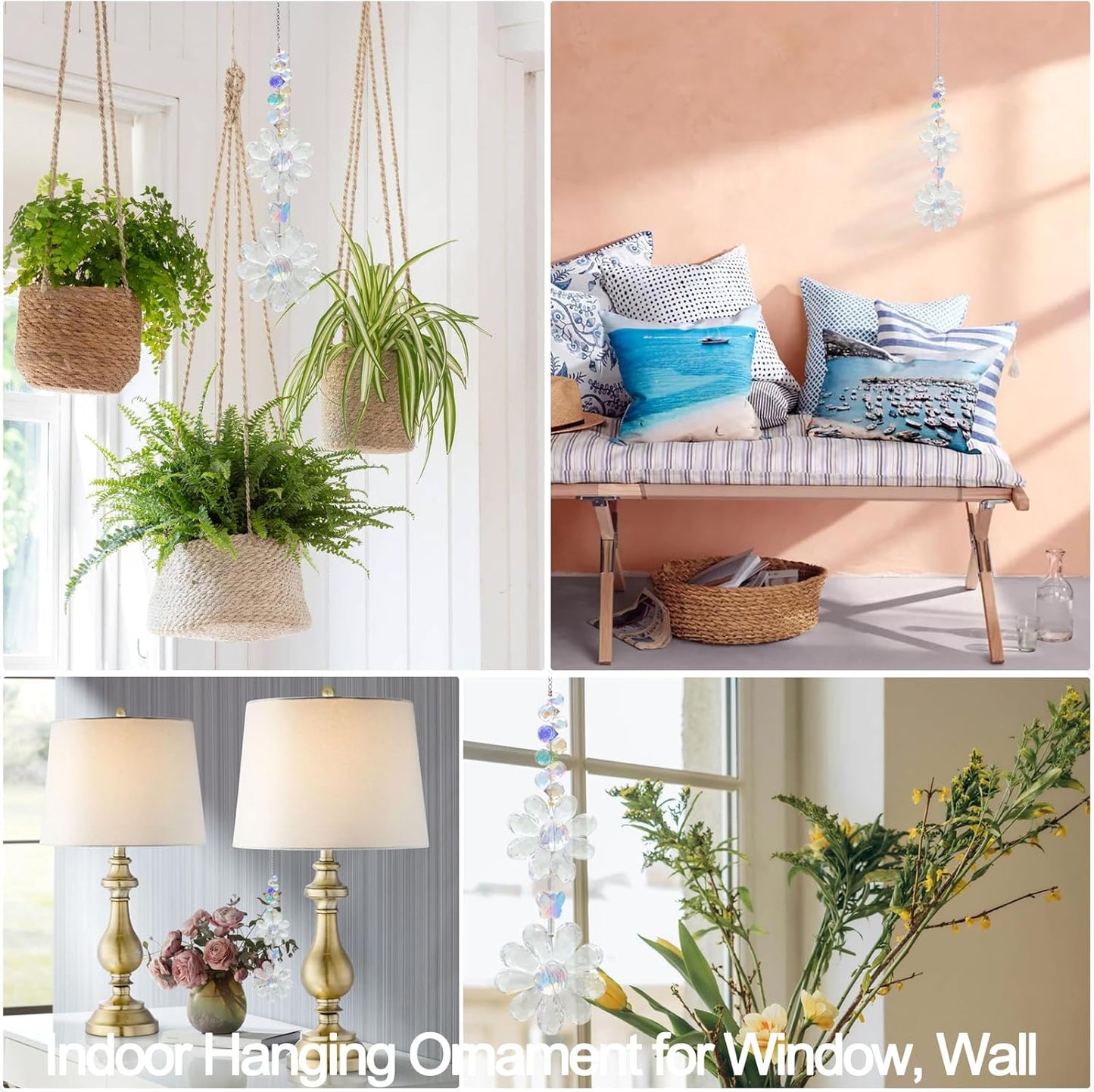 Crystal Flower Suncatcher Hanging Ornament, Rainbow Maker Window Sun Catcher Indoor Outdoor Patio Garden Decor (Clear)