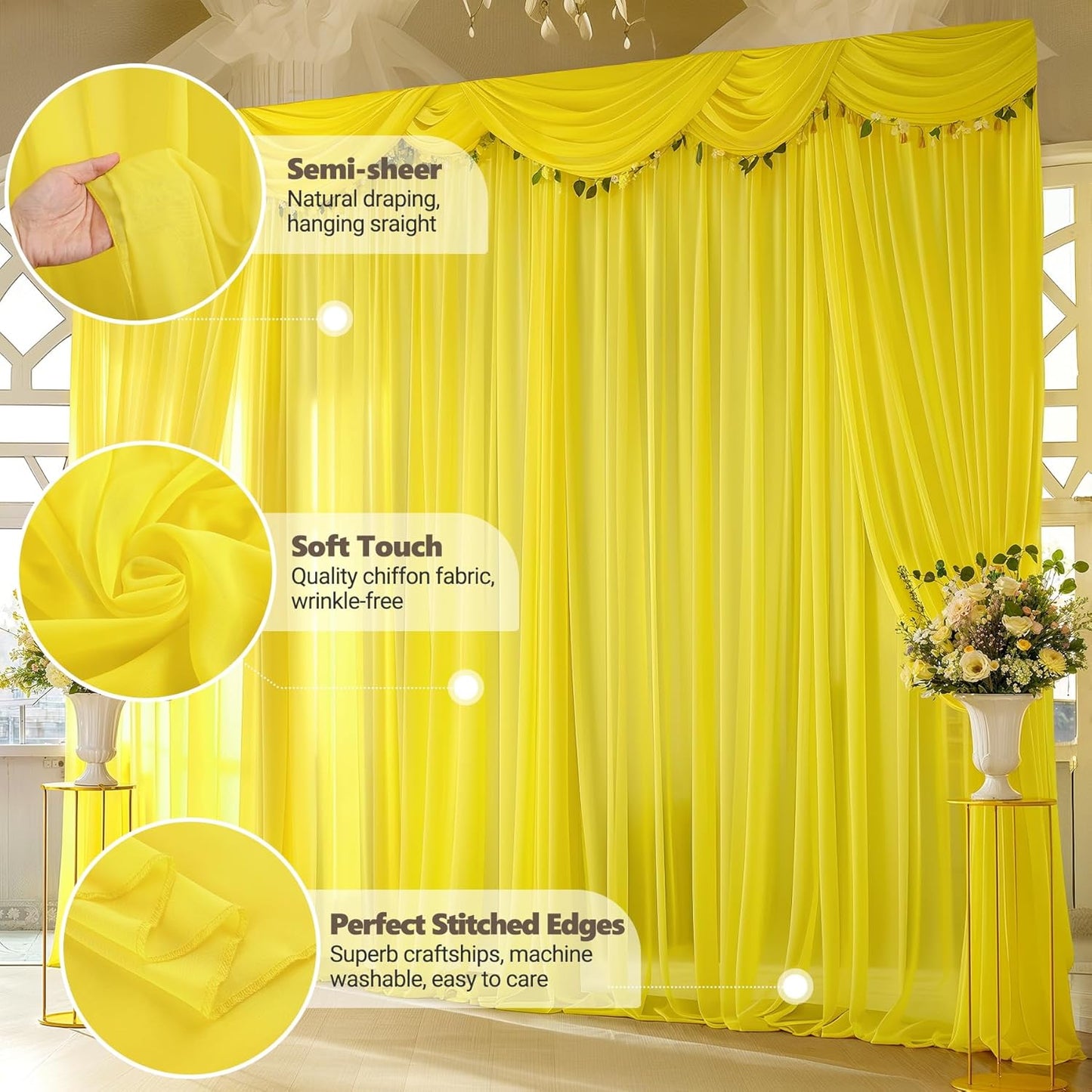 10ft x 10ft Yellow Backdrop Curtain Drapes, Wrinkle-Free Sheer Chiffon Fabric Photo Backgroud Panels for Wedding Arch Party Ceremony Stage Photography Decoration