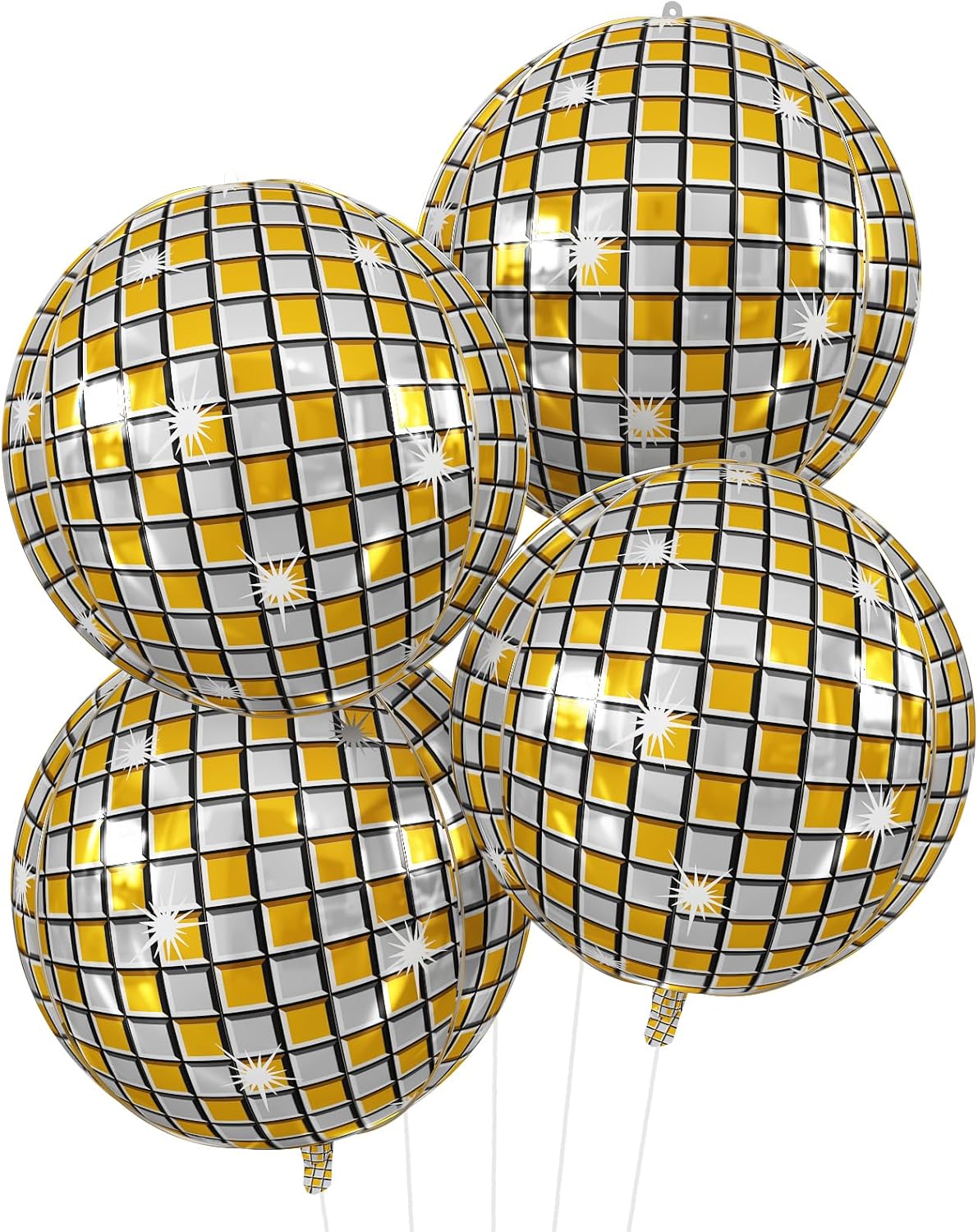 Disco Ball Balloons 4PC,Foil Disco Balloons 22 Inch 4D Round Metallic Gold Silver Balloon for 70s 80s Birthday Bachelorette Graduation Decorations
