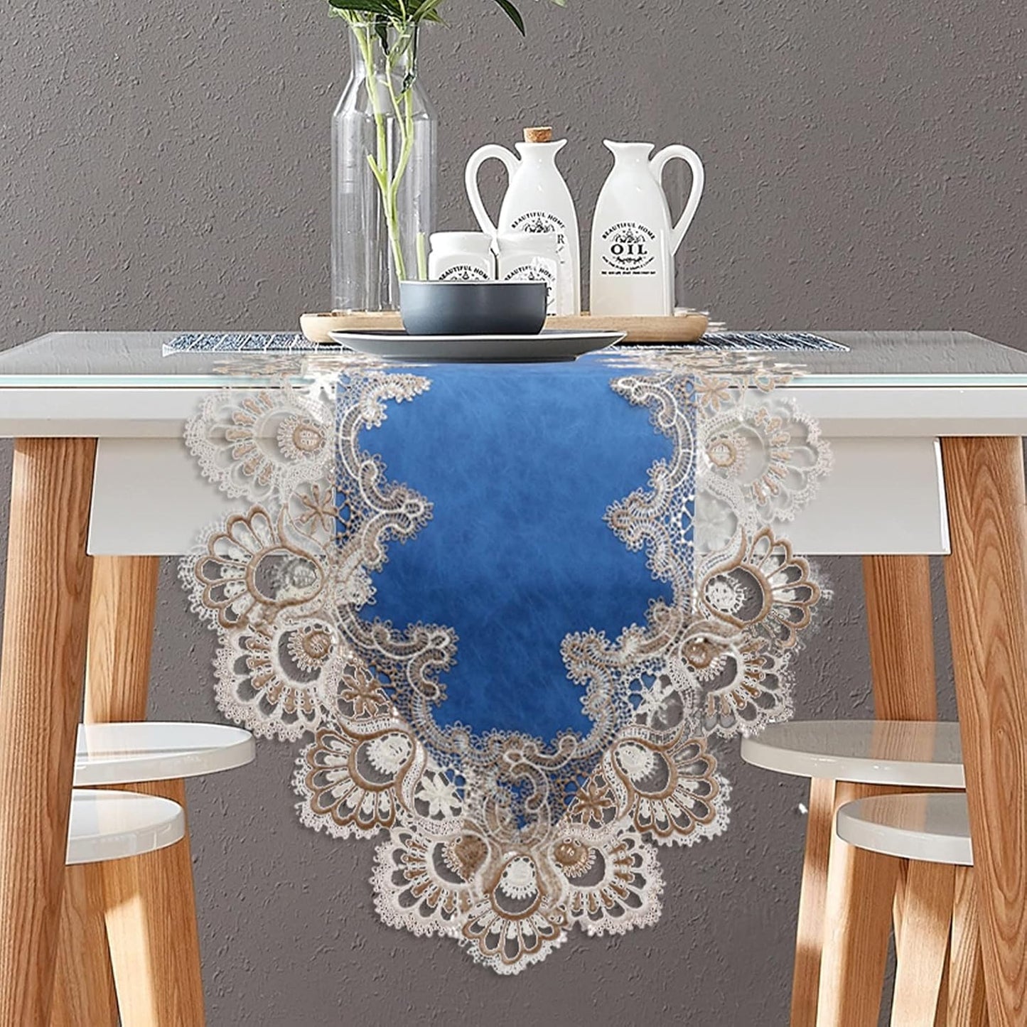 Vintage Lace Dining Table Runner, Small Macrame Coffee Table Runners 48 inches Long for Kitchen Home Christmas Party Decorations (16x48 inch, Blue)