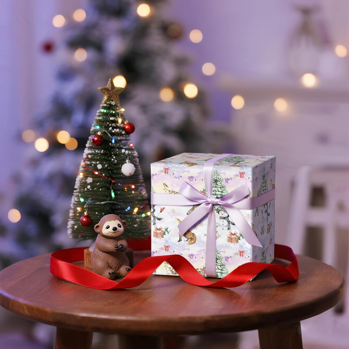 LeZakaa Christmas Reversible Wrapping Paper Roll, Watercolor Winter Forest Design with Fox Raccoon Christmas Tree Snowflake, for Kids Family, Winter Holidays, Mini Roll 17 in x 16.4 Ft