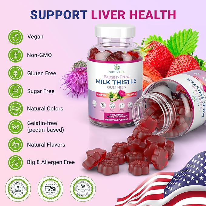 Sugar-Free Milk Thistle Gummies for Liver Cleanse Detox & Repair (Natural Blueberry-Raz Flavor) Cardo Mariano, Cleansing Milk Thistle Extract & Antioxidant Support, Vegan, Replaces Pills & Capsules