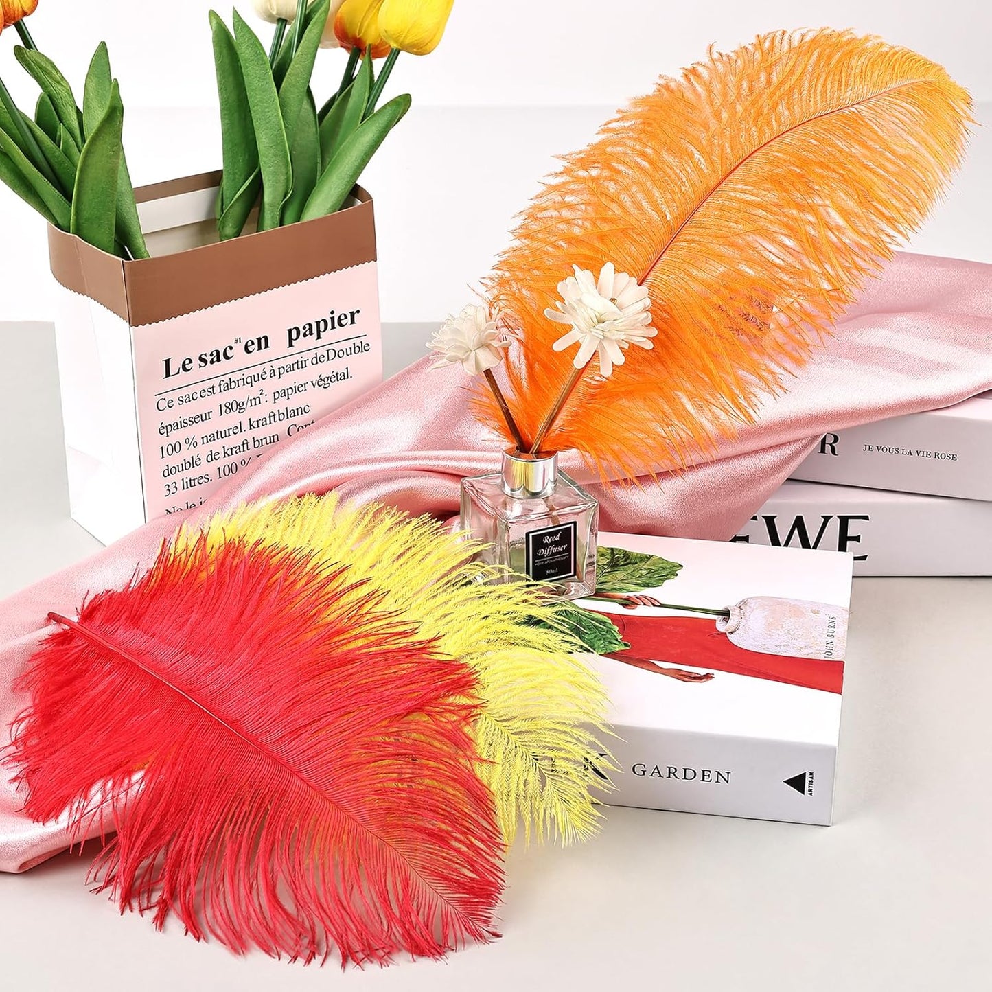 THARAHT Red Orange Yellow Ostrich Feathers 12pcs Natural Bulk 10-12Inch 25cm-30cm for Crafts Wedding Party Centerpieces Halloween and Home Decoration Feathers