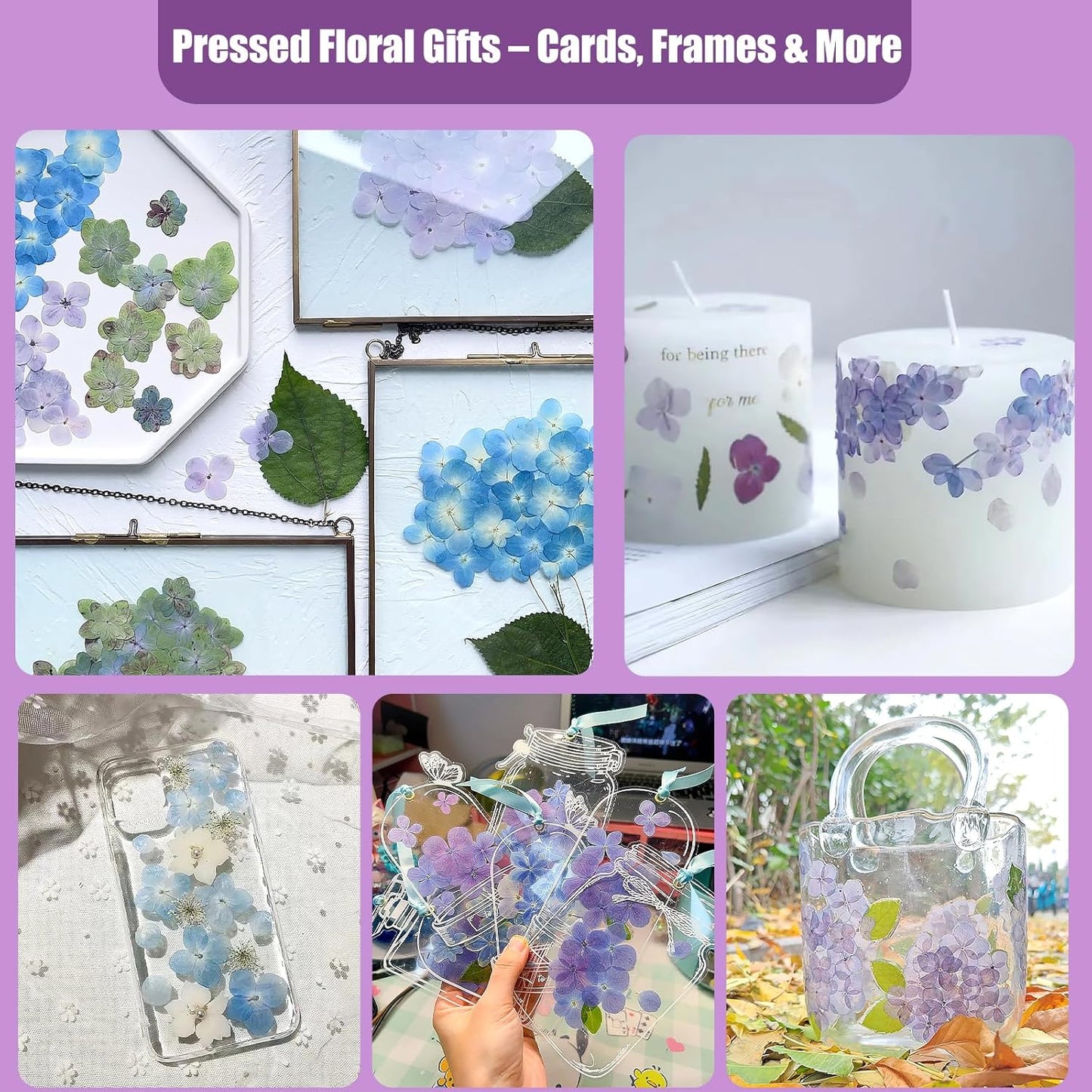 LUXEEASE 140 Pcs Dried Pressed Hydrangea Flowers for Crafts, Real Natural Blooms in Blue, Pink & White Tones with Foliage Accents, Perfect for Resin Art, DIY Jewelry & Home Decor – Tweezers Included