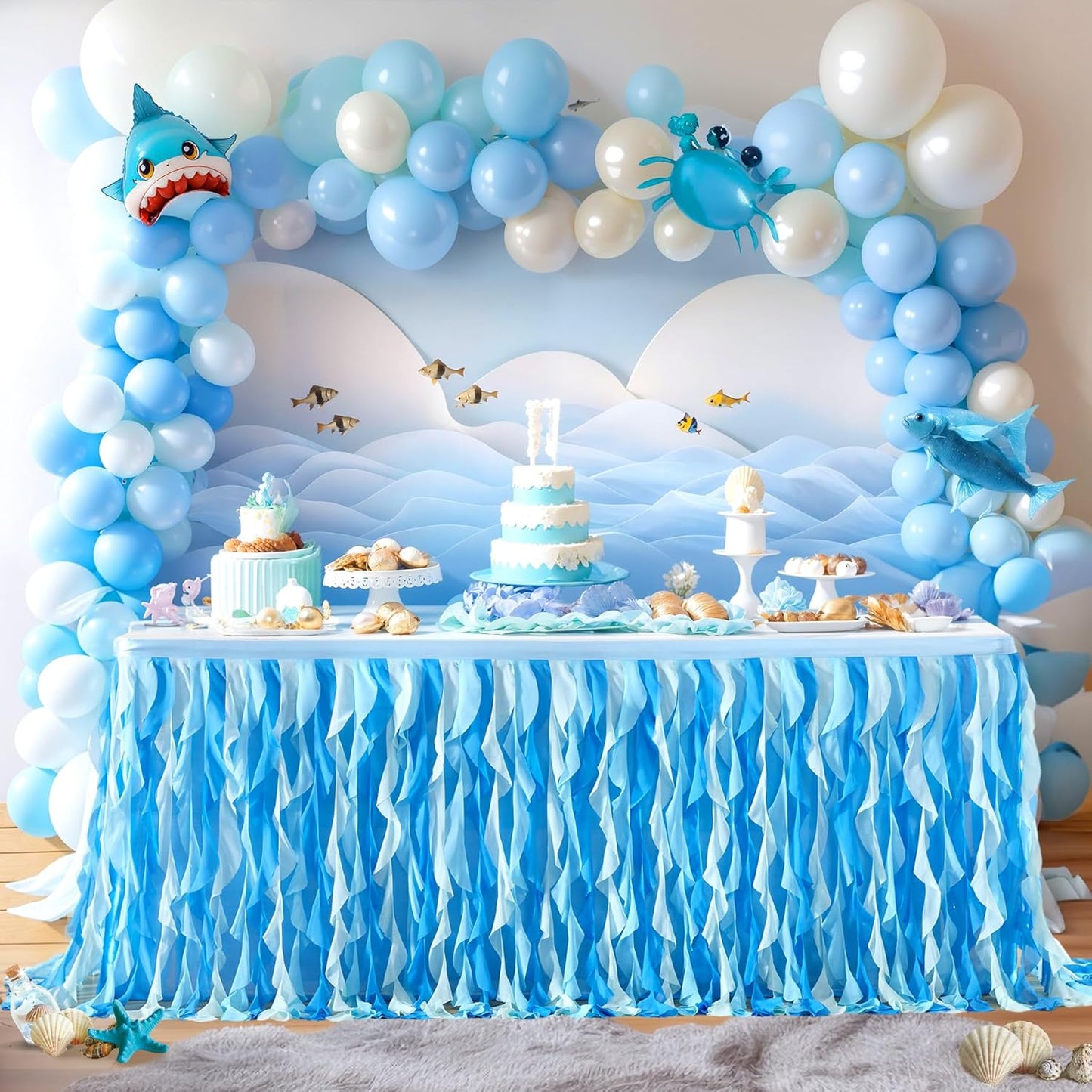 Partisky Ocean Blue Tulle Tutu Ruffle Curly Willow Table Skirt for Rectangle Table 14ft,Under The Sea Baby Shark Themed Table Cloth for Boys Girls Birthday Party or Baby Shower