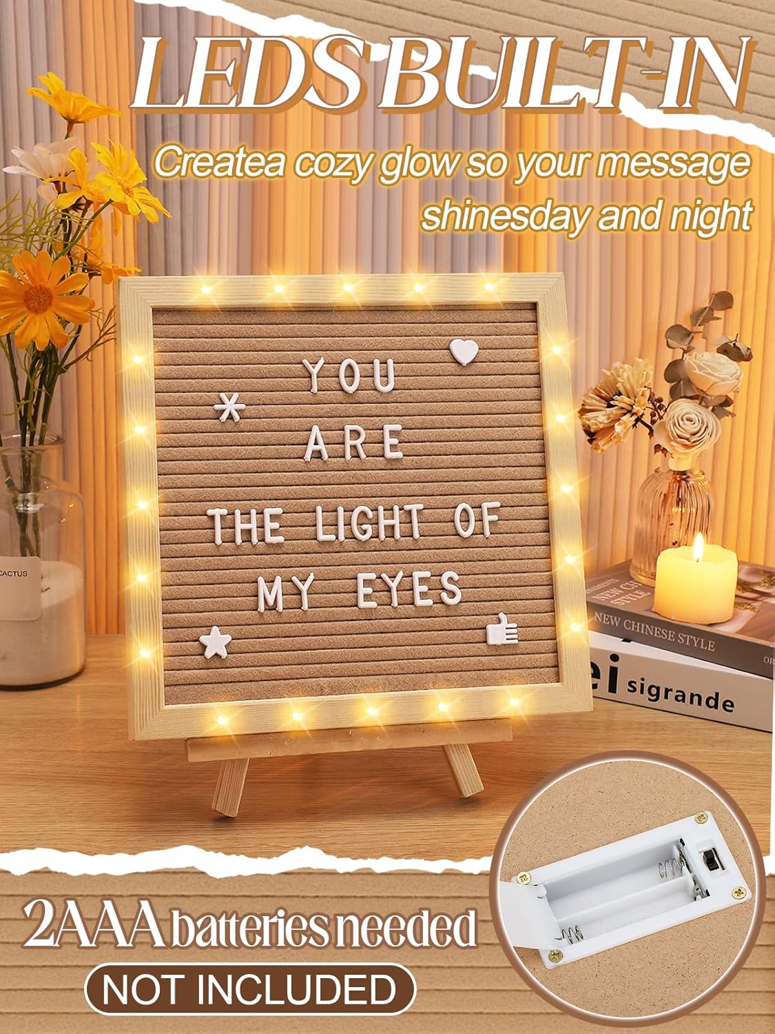 Light up Changeable Felt Letter Board Sign with LED Lights - 10×10" Message Board & Wood Stand & 450 Letters, for Halloween/Birthday/Event/Pregnancy/Baby Announcement/Home Wall Decor Gifts, Camel