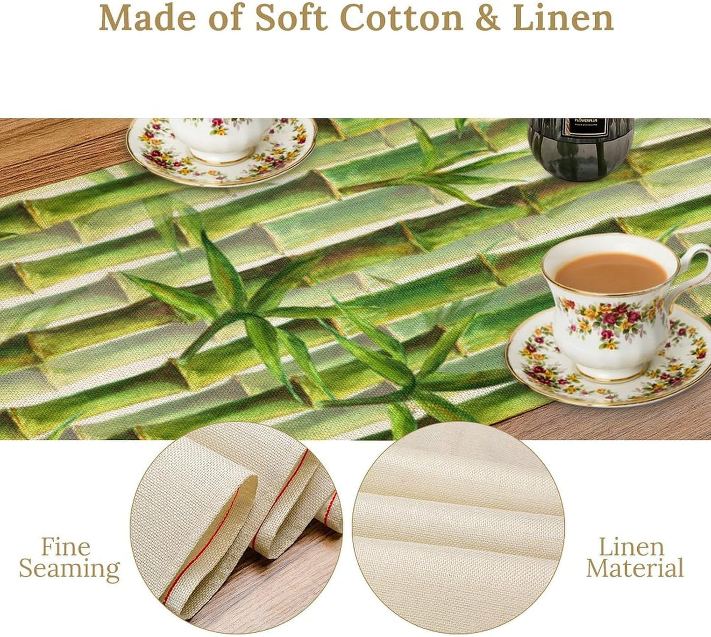 Bamboo Table Runner,Green Plant Print Table Runner for Kitchen Dining Table Home Party Decoration 13x60 Inch