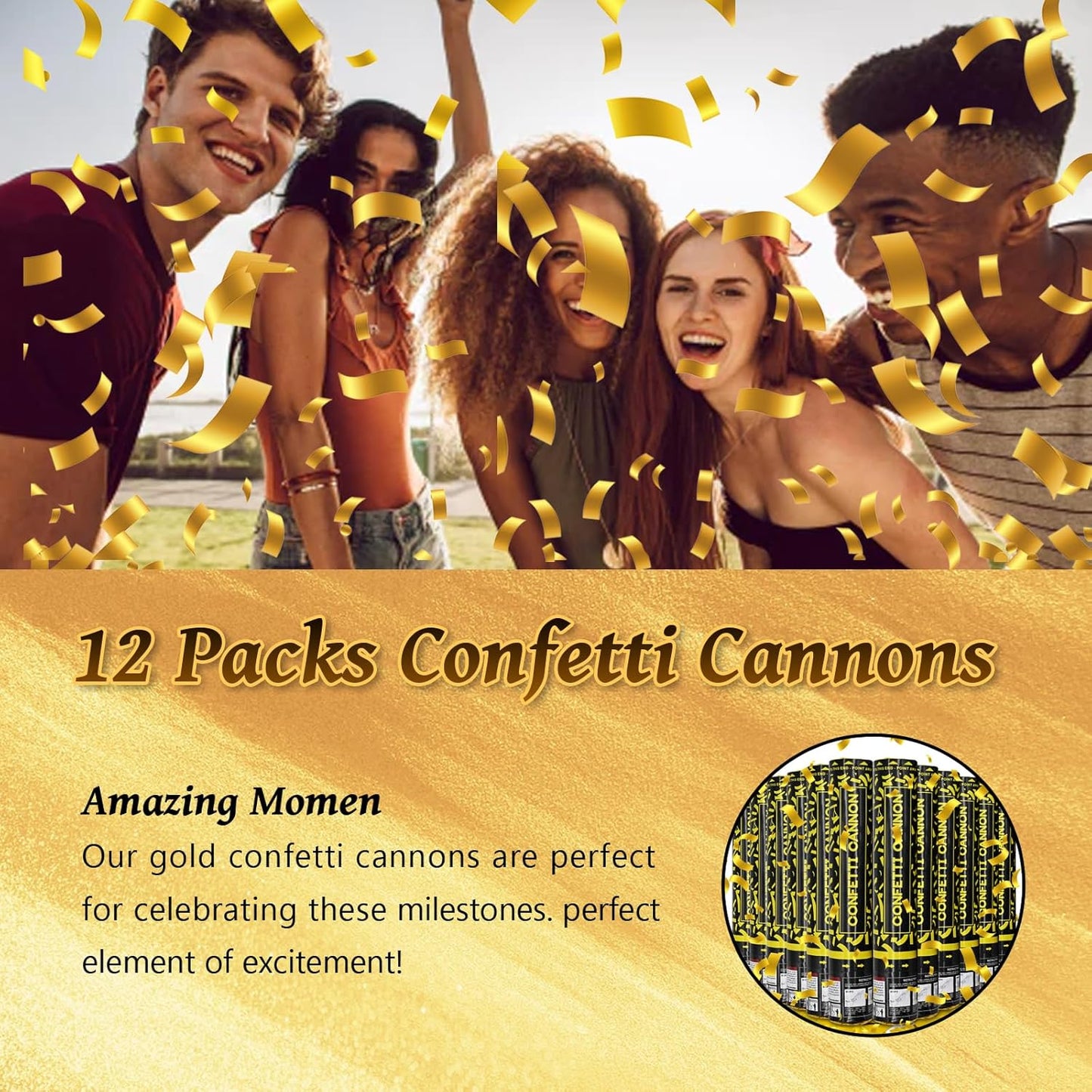 Gold Confetti Cannons 12 Pack - 12 inch Party Poppers with Gold Foil Confetti for Weddings, Birthdays, Graduations, Christmas, New Year Eve Party Supply