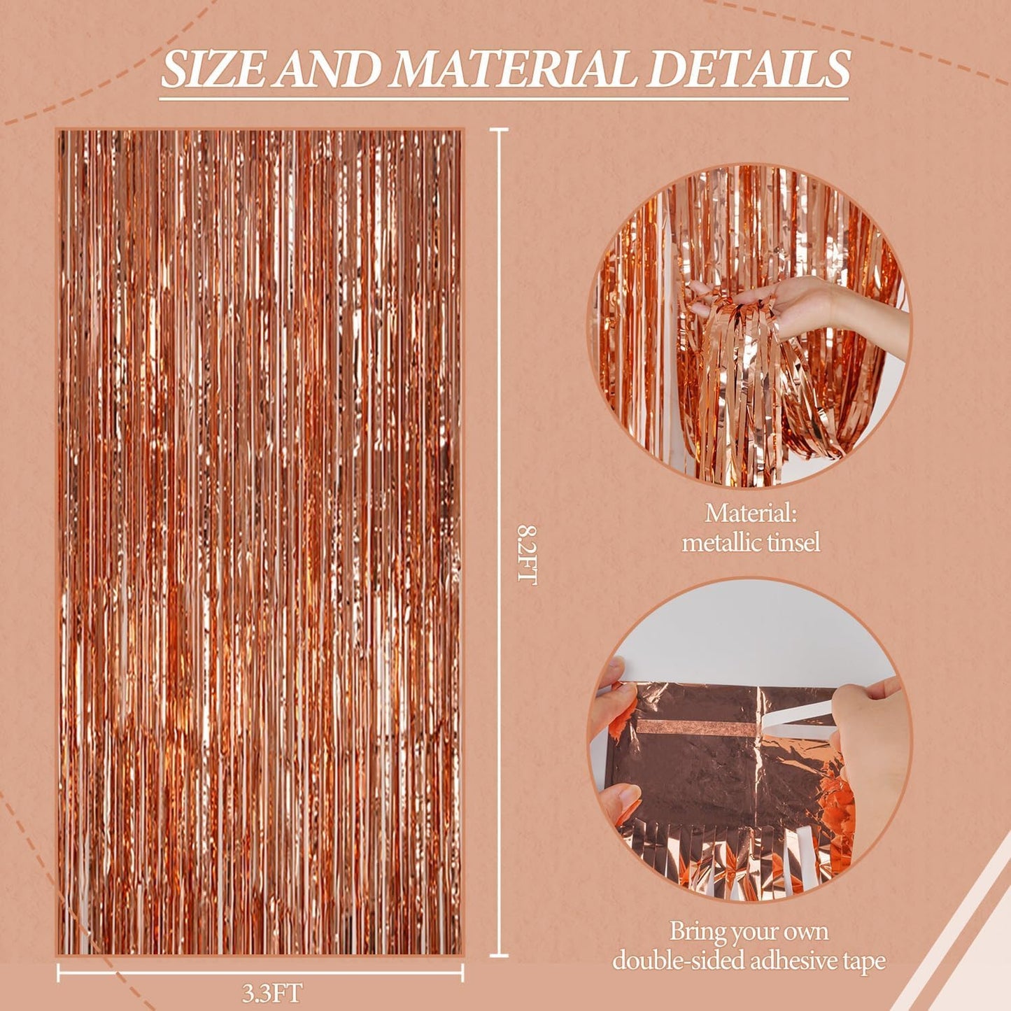 3 Pack Foil Fringe Backdrop - Rose Gold Shiny Tinsel Curtains for Party Decoration/Photo Booth Props - 3.3x8.2 FT Metallic Foil Backdrop for Birthday, Wedding, Graduation, Christmas.