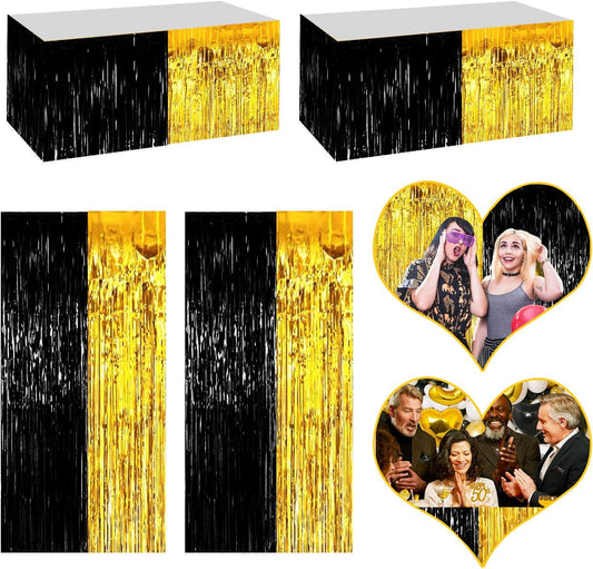 4P Metallic Foil Fringe Tinsel Table Skirts for Rectangle Tables Backdrop Banner Streamer Garland Curtains for Parade Floats Wedding Graduation Anniversary Birthday Parties Decoration (Black Gold)
