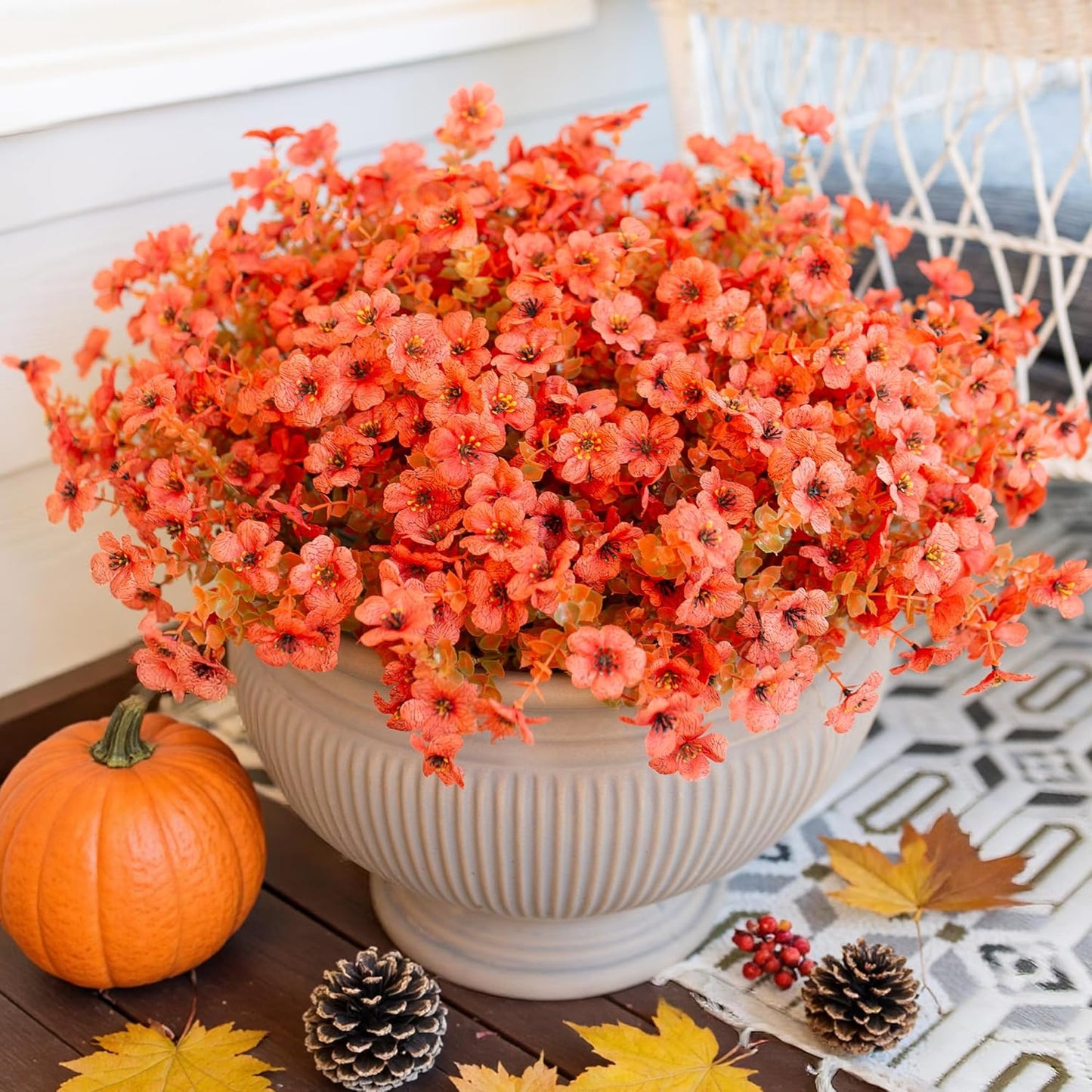 HyeFlora Artificial Fall Flowers Faux Mums for Outdoor Indoor Garden Home Decoration, Faux Flower Daisy with Eucalyptus Leaves Fake Mums Plants Greenery Boxwood Porch Patio, 12 Bundles (F Orange)