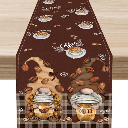 Coffee Time Table Runner, Farmhouse Retro Gnome Coffee Cup Tea Party Cafe Brwon Table Center Decor for Home Kitchen Dining Patio Holiday Party Indoor Outdoor Table Decorations,13"x90" Inch