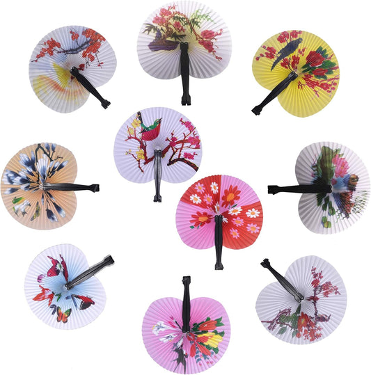 20 Pcs Folding Handheld Fans Paper Chinese Oriental Floral Wedding Round Shaped Accordion Fans Assortment with Plastic Handle for Birthday Party Favors Supplies(Black Handle)