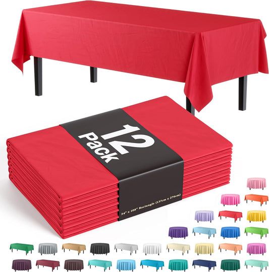 Party Solids 12-Pack Premium Plastic Tablecloth 54in. x 108in. Rectangle Table Cover - Red