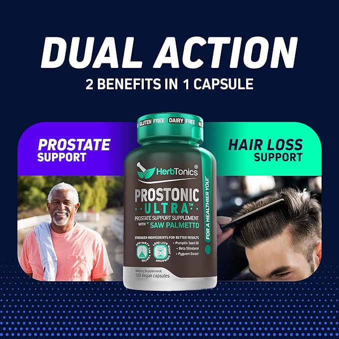 Herbtonics Prostonic Ultra: Dual Prostate & Hair Support for Men – Saw Palmetto, Beta-Sitosterol, Pumpkin Seed – Promotes Urinary Health & Natural DHT Blocking – 120 Capsules