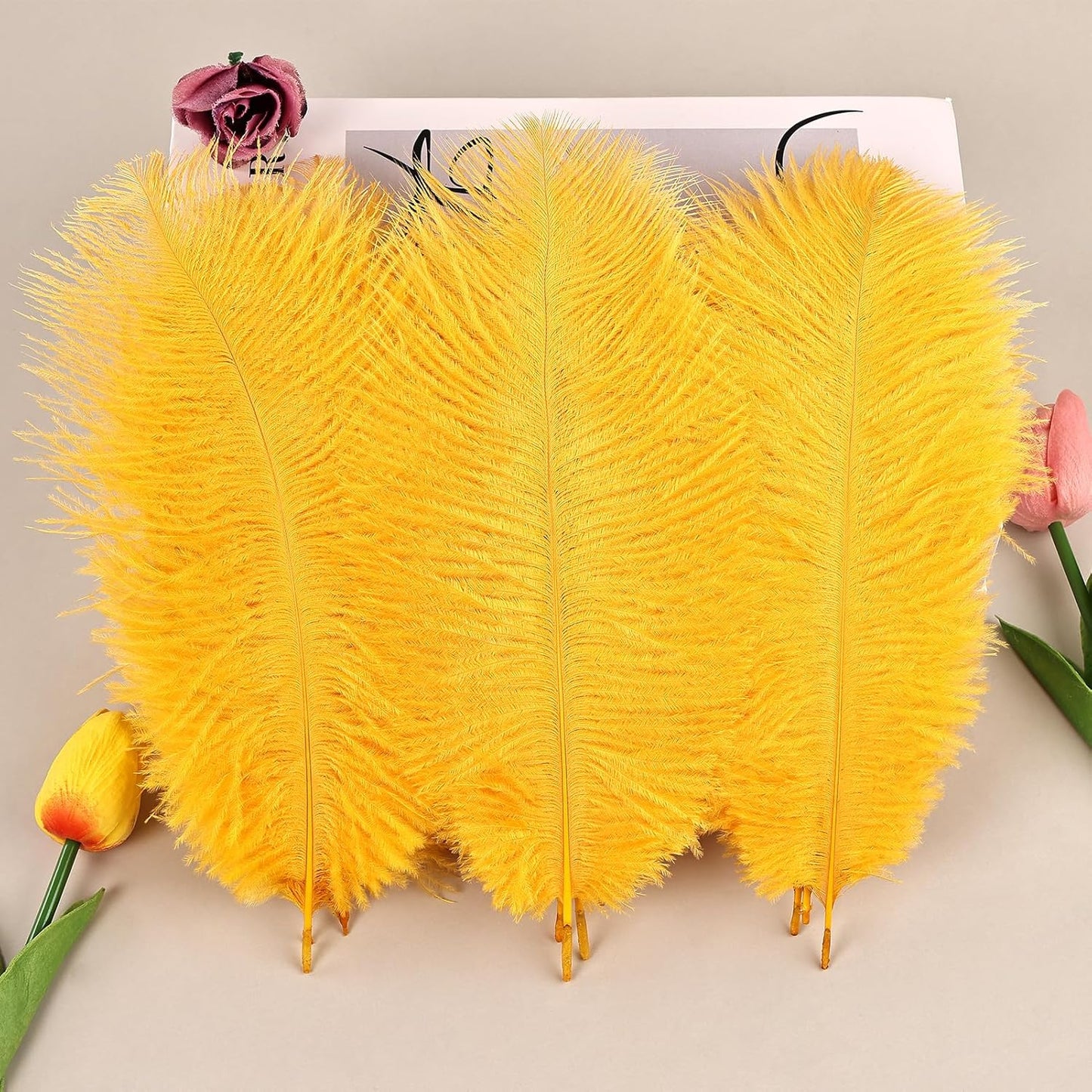 THARAHT Golden Yellow Ostrich Feathers 12pcs Natural Bulk 8-10Inch 20cm-25cm for Crafts Wedding Party Centerpieces Halloween and Home Decoration Feathers
