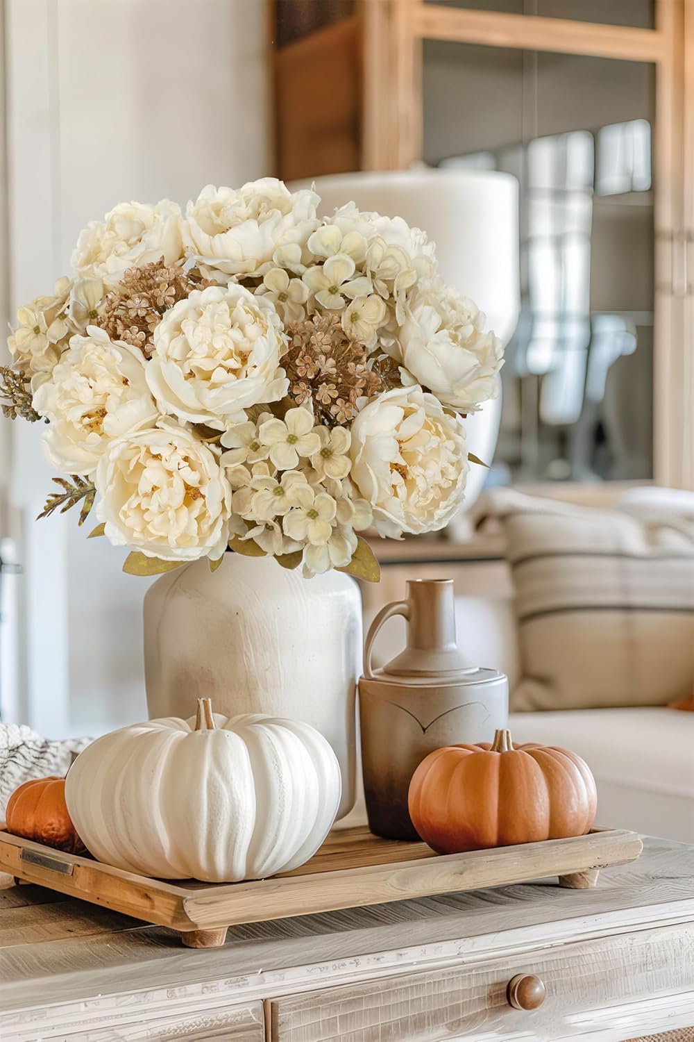 Hollyone 2Pcs Artificial Fall Flowers Bouquet 18.8" White Dried Peony Hydrangea Fake Fall Floral Silk Flowers Autumn Faux Flower Arrangement for Home Wedding Table Centerpiece Thanksgiving Party Decor