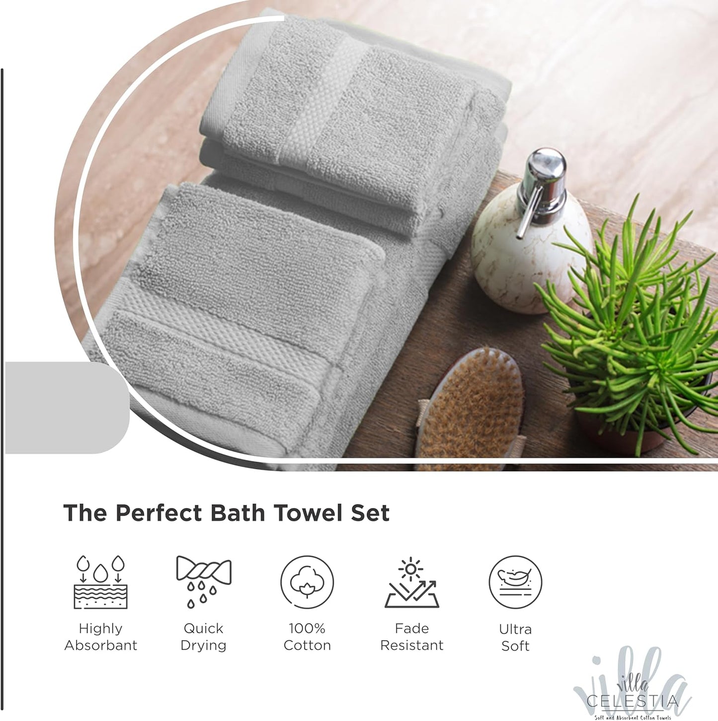 100% Cotton Bath Towel Set of 24-6 Bath Towels, 6 Hand Towels, 12 Wash Cloths, Sustainable, Soft, Highly Absorbent, Combed Cotton 24 Piece Set for Hotels, Spa, Bathroom, Dorm, Silver