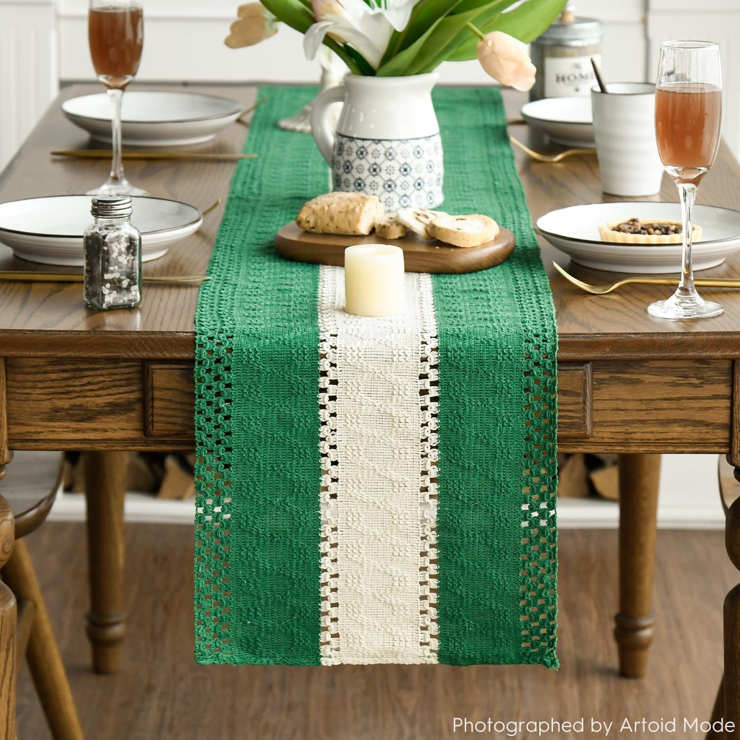 Artoid Mode Dark Green Farmhouse Rustic Table Runner, Seasonal Hollow Kitchen Dining Table Decoration for Home Party Decor 12x120 Inch