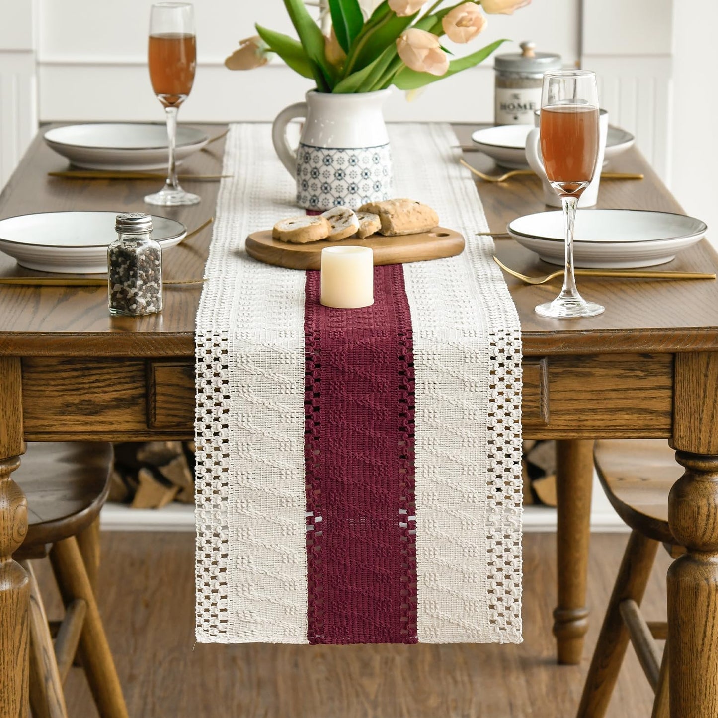 Artoid Mode Red Farmhouse Rustic Table Runner, Seasonal Holiday Hollow Kitchen Dining Table Decoration for Home Party Decor 12x36 Inch