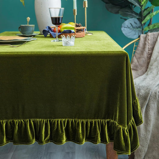 Velvet Tablecloth Luxurious Solid Rectangle Table Cloth,Oblong Retro Farmhouse Ruffle Tablecloths Washable Table Cover for Party Olive Green,52x70 Inches