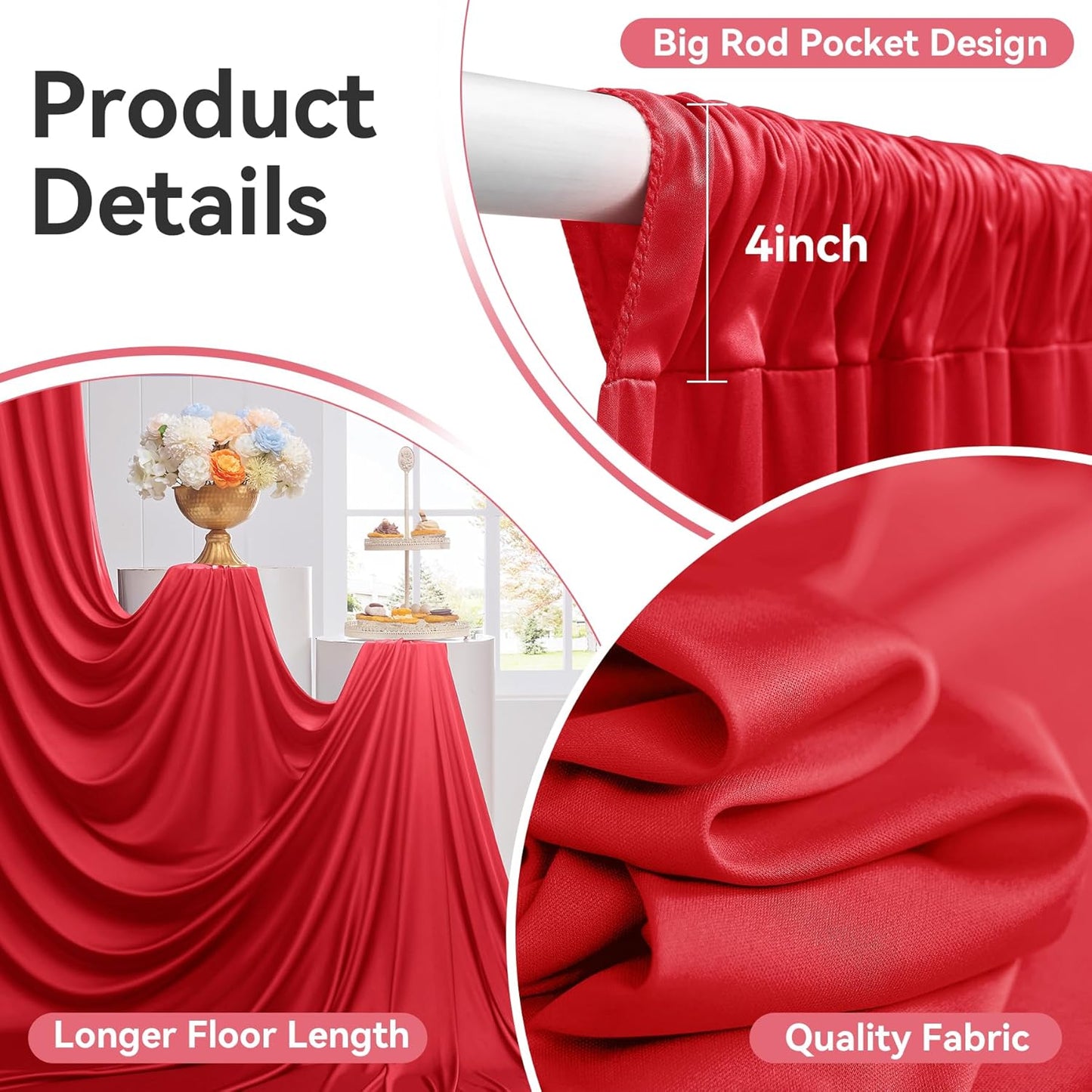 40ftx12ft Wrinkle Free Red Backdrop Curtain, 8 Panels 12FT Height Red Wedding Backdrop Drapes, Silky Polyester Back Drop Cloth for Birthday Photography Background Party Backdrop Draping