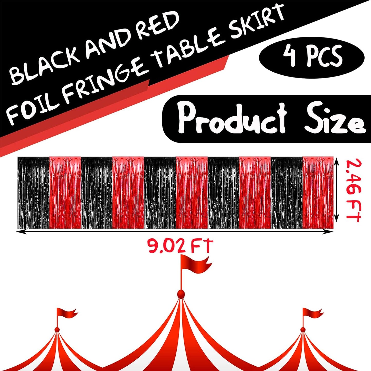 4 Pack 29x108 Inch Metallic Foil Fringe Tinsel Table Skirts for Rectangle Tables Streamer Backdrop for Wedding, Birthday, Parade Floats, Christmas, Halloween Party Decoration(Black Red)