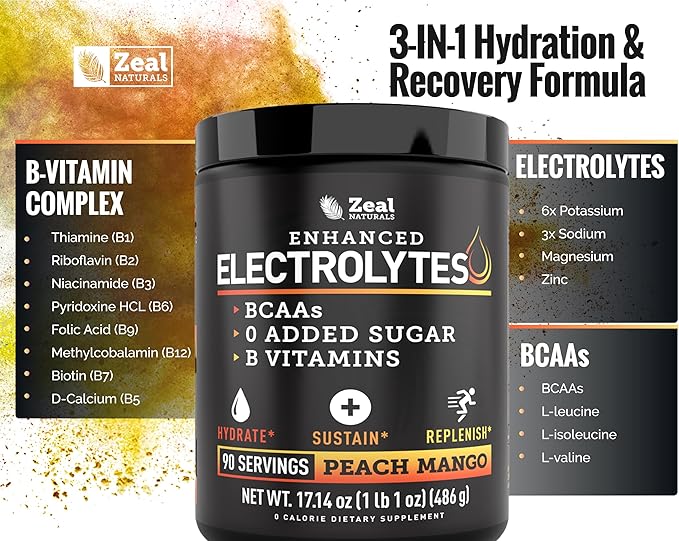 Enhanced Electrolyte Powder (Peach Mango | 90ct.) w/ 0 Sugar +BCAAs +B-Vitamins Electrolyte Supplement w Potassium Zinc & Magnesium for Hydration - Keto Electrolytes