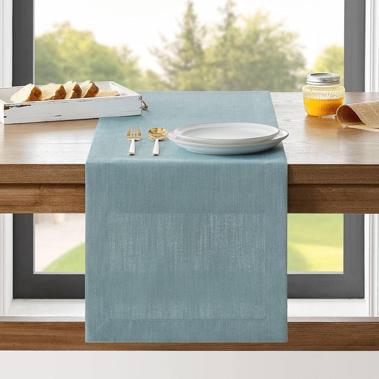 ZeeMart Linen Textured Border Table Runner, 14 x 36 Inch Blue, Farmhouse Style Dusty Blue Table Runners 36 Inches Long, Easy Care Everyday Polyester Table Runner