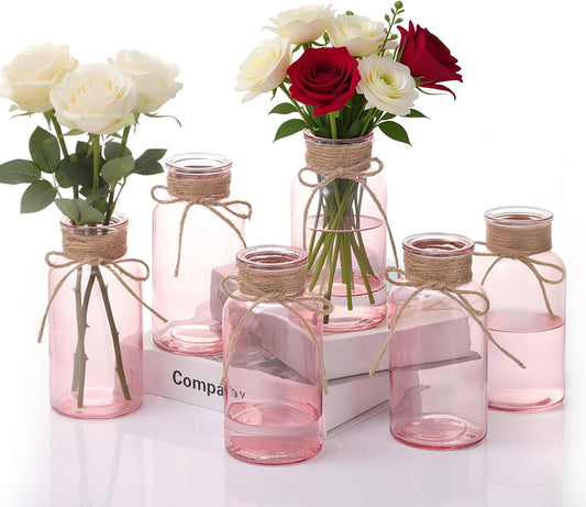 Pink Glass Flower Vases for Centerpieces Set of 6, Mason Jars Boho Cylinder Bud Vases in Bulk, for Weddings Parties Vintage Home Decor